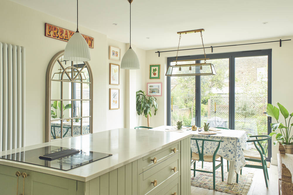 A lime green extension with dining table